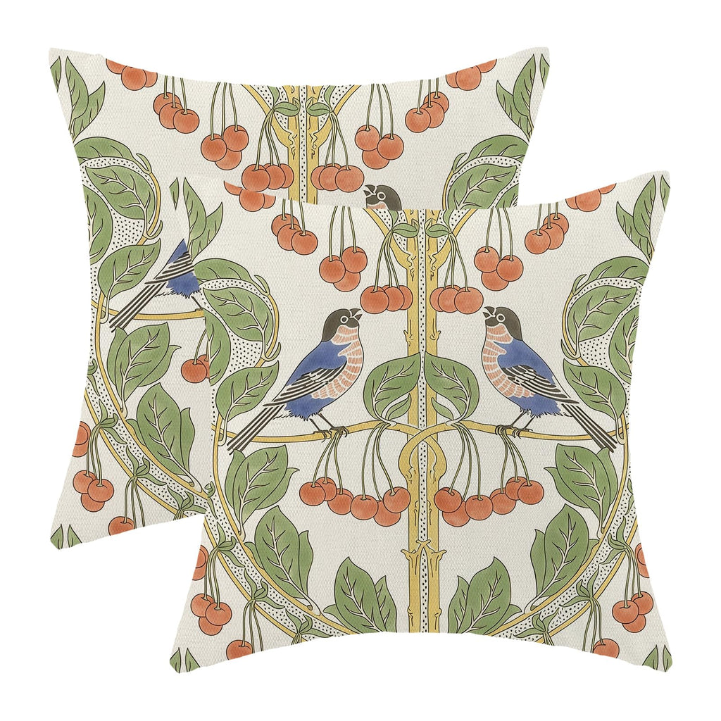 Boho Pillow Covers 18x18 Inch Set of 2 Blue Orange Vintage Botanical Bird Throw Pillows Seasonal Cherries Bird Floral