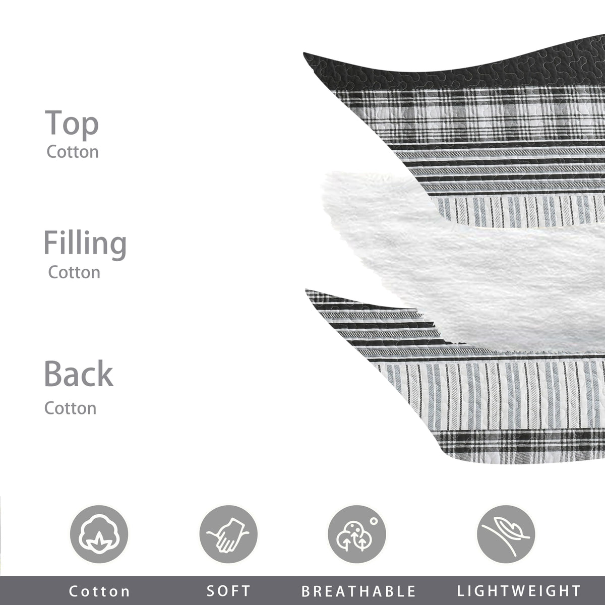 100% Cotton Quilt Set, 118'' x 106'' Oversized Bedspread Set with 2 Pillow Shams, Black Plaid Striped