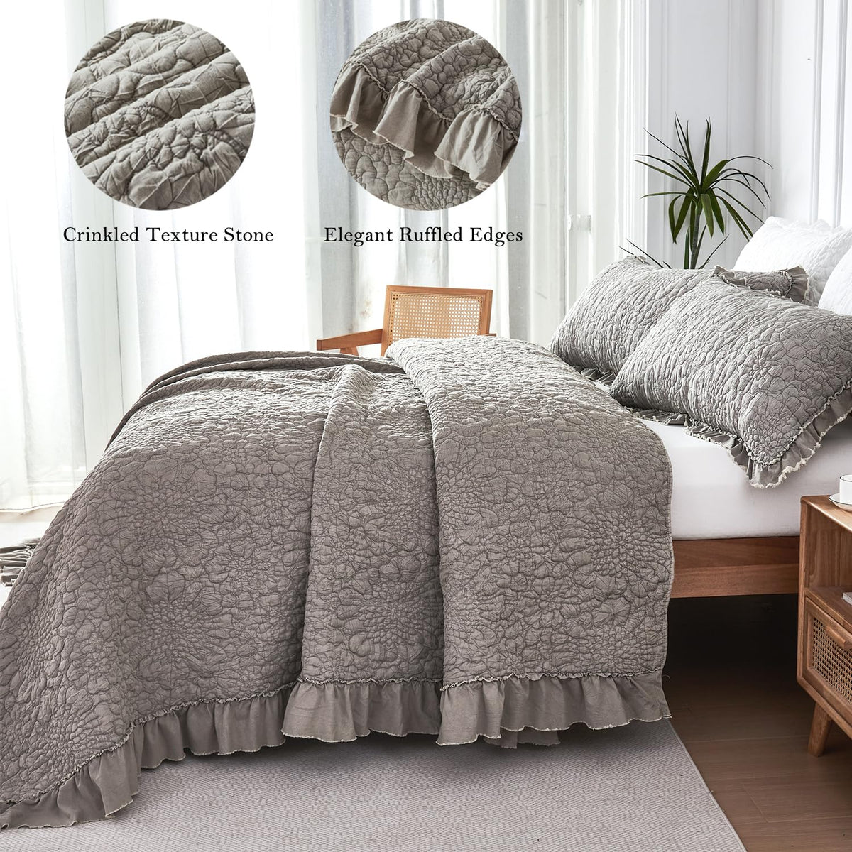Tan Taupe Crinkled Ruffled Quilt Set 3pcs 80''x90''