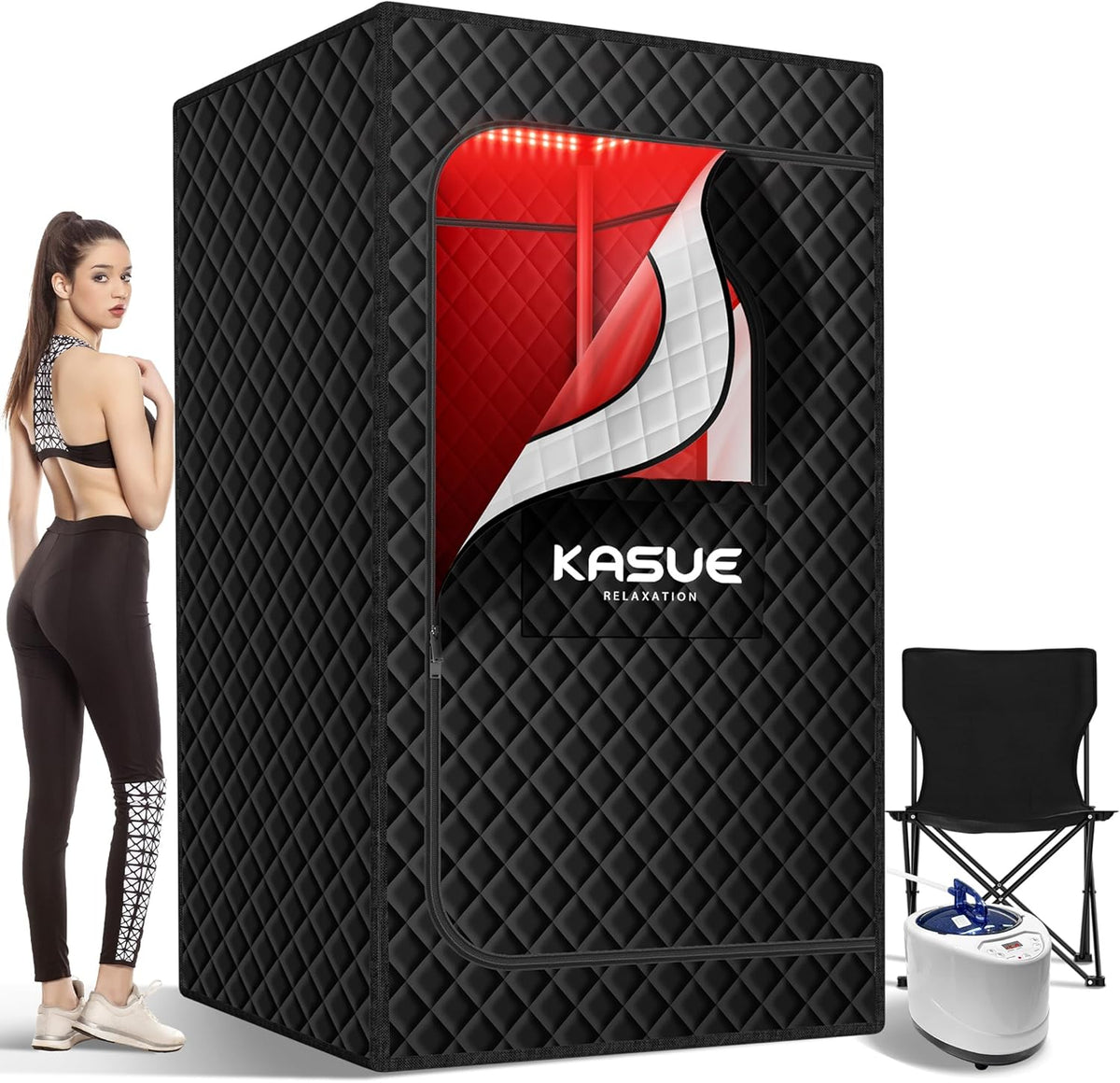 Upgraded Infrared Sauna Box for Relaxation,Detoxification,Portable Steam Sauna for Home with XL Steamer,Folding Chair,Multiple Layered Full Body Sauna Tent for Spa,Indoor,Outdoor,Gym-Black