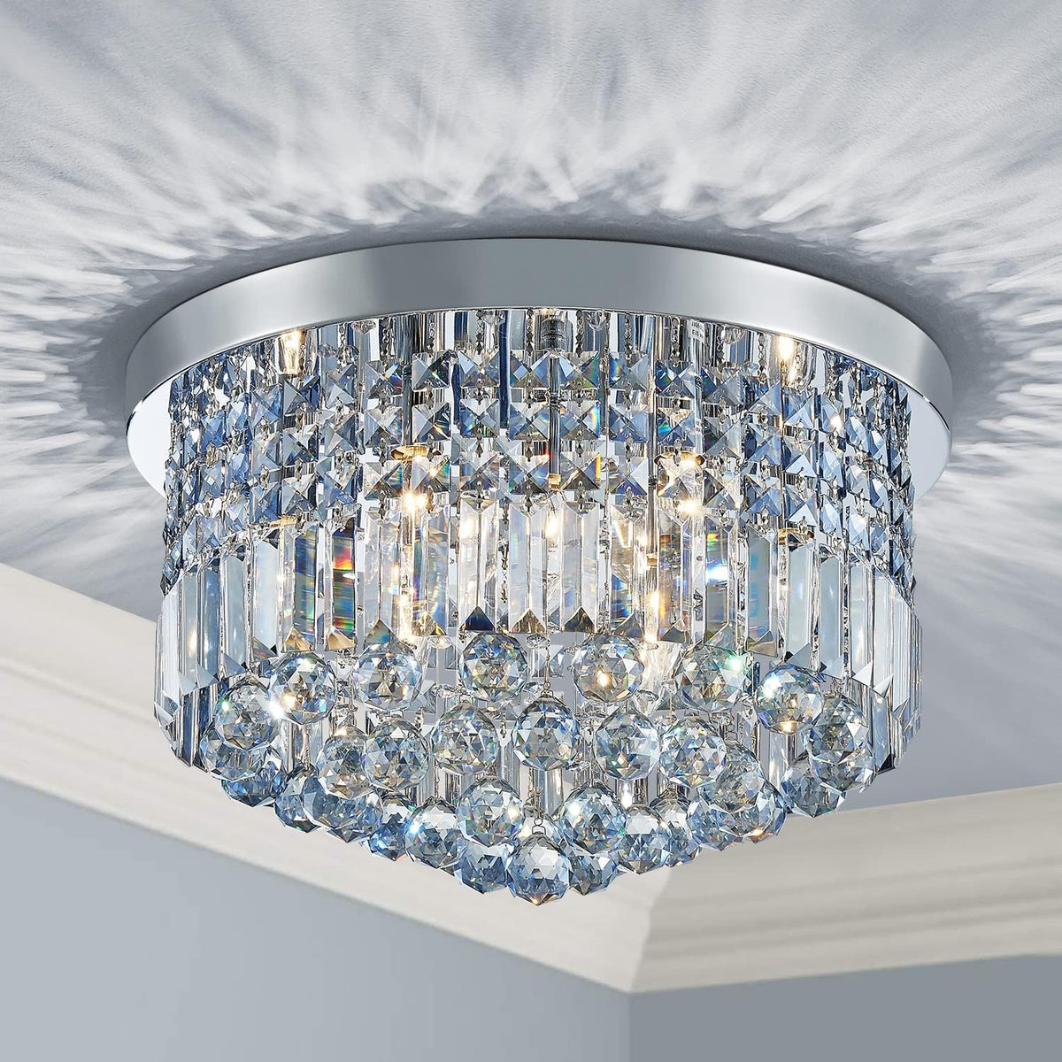 9-Light Modern K9 Crystal Flush Mount Chandelier for Bedrooms and Dining Rooms