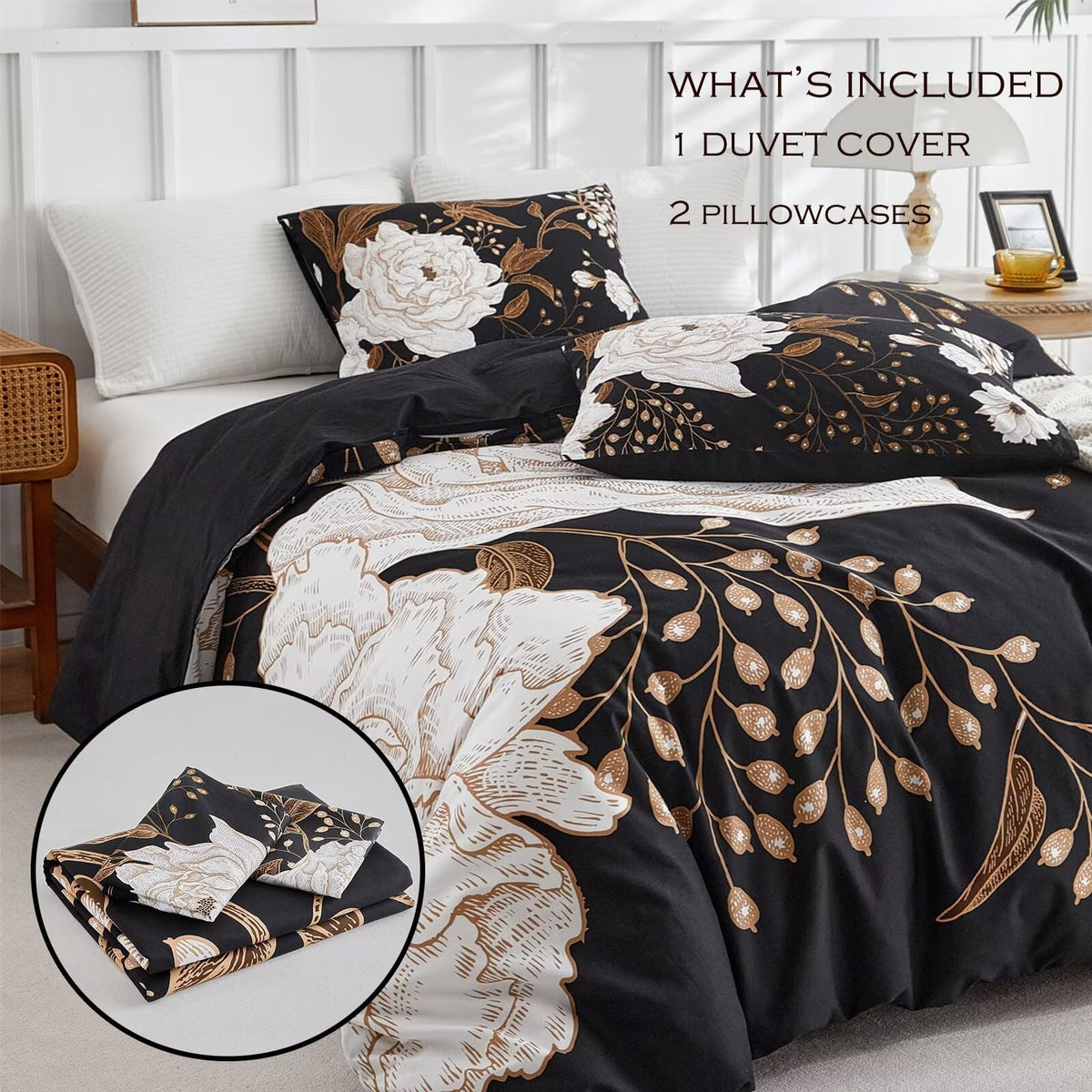 Bold Floral Black Duvet Cover Full Bedding Set Luxurious Premium Cotton Comforter Duvet Cover Vintage Gothic Style