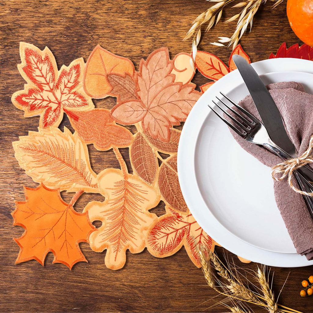 Fall Placemats Set of 4 14x20 Inch Autumn Maple Leaf Embroidered Mat