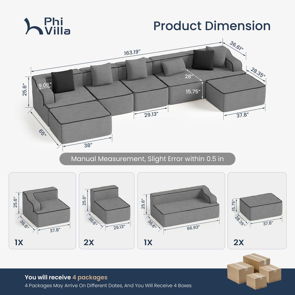 163" Cloud Sectional Boneless Couch, 7-Seat Grey