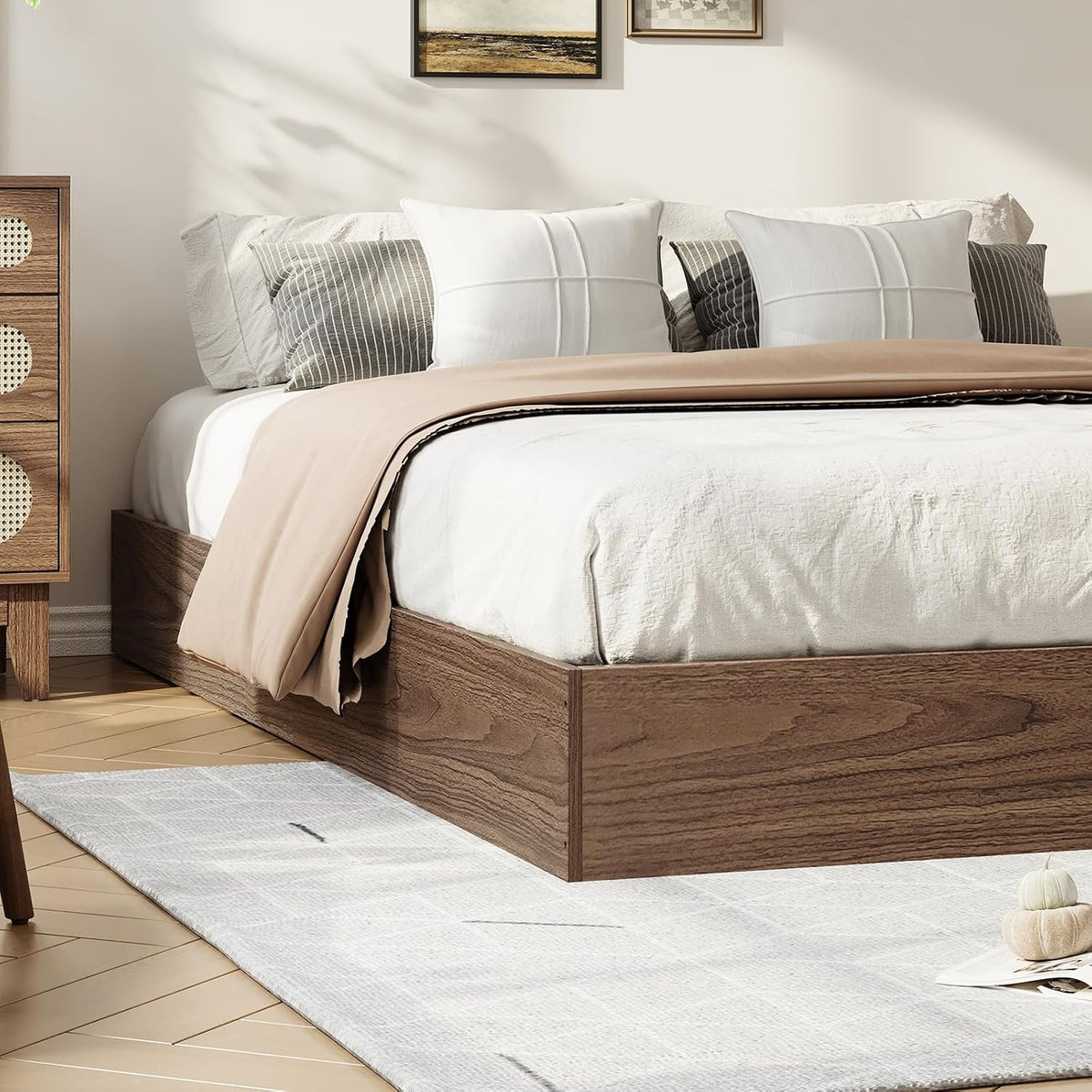 Queen Wood Platform Bed Frame,Wooden Bed Frame Without Headboard, Wood Slat Support,No Box Spring Needed, Easy Assembly
