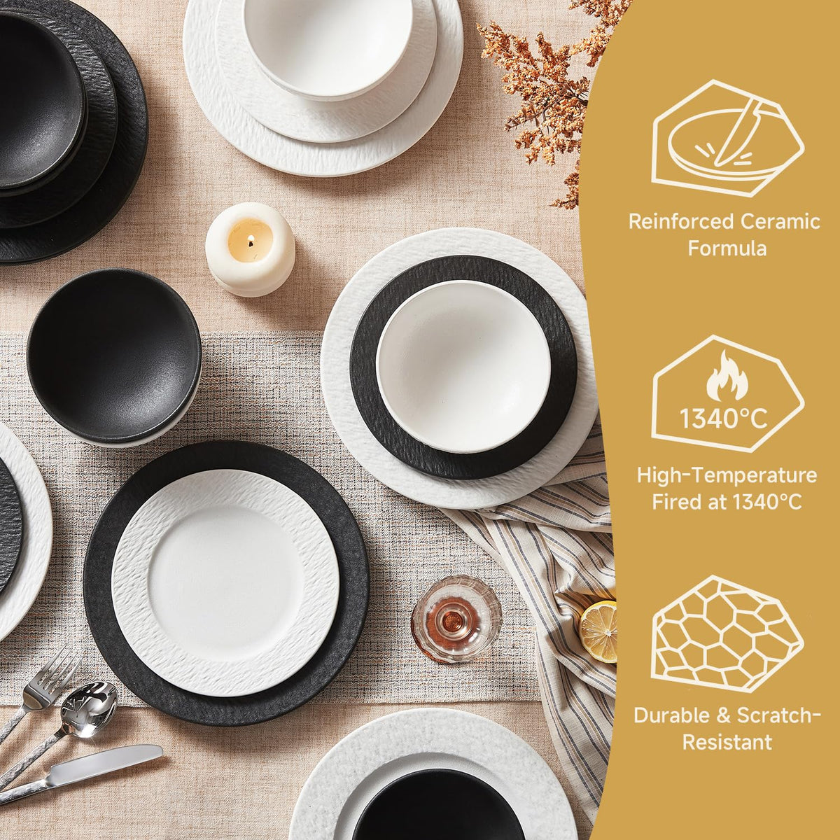 Dinnerware Sets for 6, 18-Piece plates and bowls sets, Matte Marble