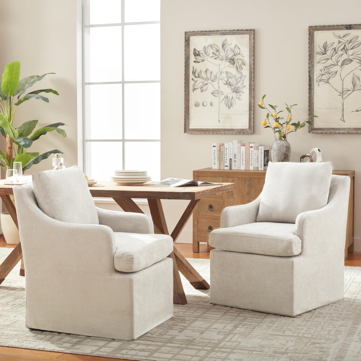 Upholstered Set of 2, Dining Room Chairs with Casters