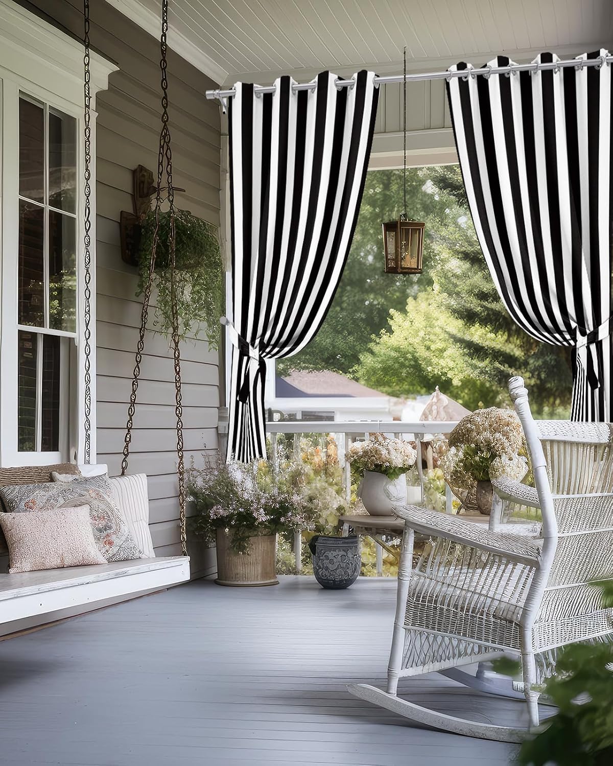 Outdoor Curtains (Set of 2 Panels) Waterproof Black and White Stripe Indoor/Outdoor Curtain Tiebacks Simple Style Privacy Curtain Sun