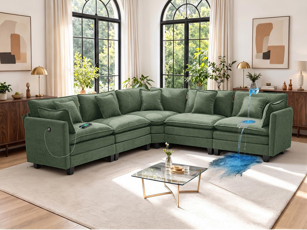 112" Oversized Modular Sectional Sofa with USB Charging Port, Water-Repellent Stain-Resistant Fabric, Deep Seat