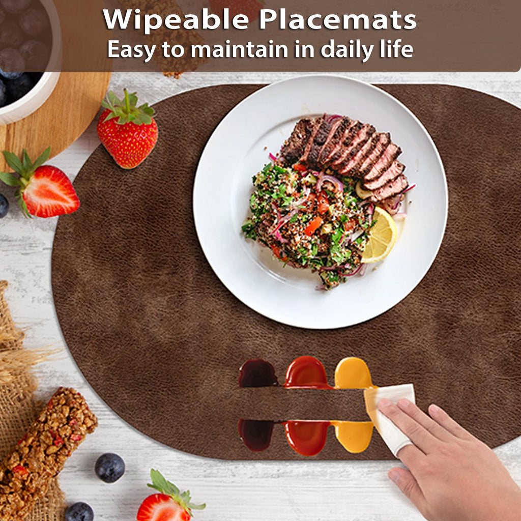Oval Placemats Set of 12, Wipeable Faux Leather, Brown