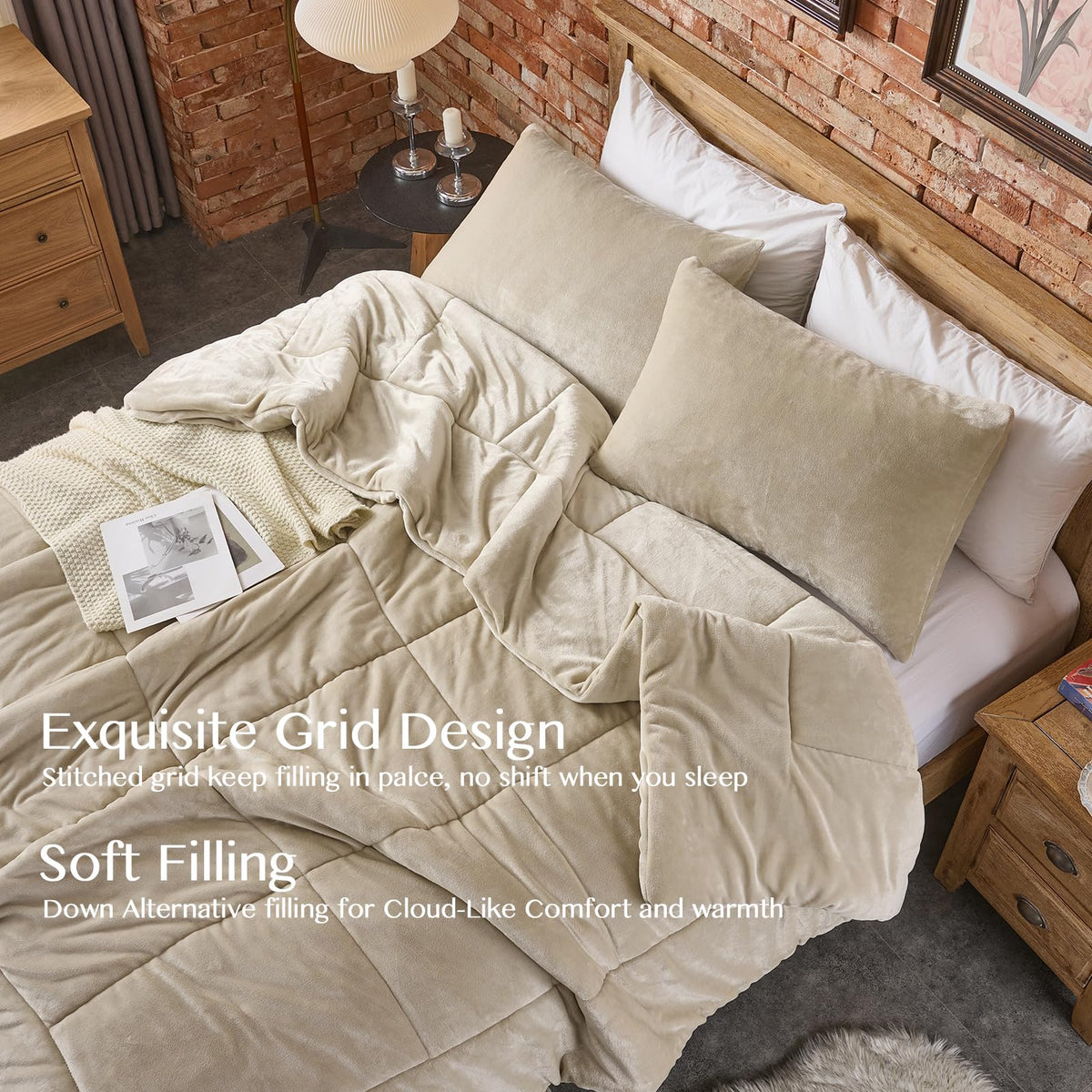 Comforter Set - Ultra Soft & Warm Velvet Khaki Comforter Set for Men Women - Cozy Fuzzy Plush Fluffy Luxury