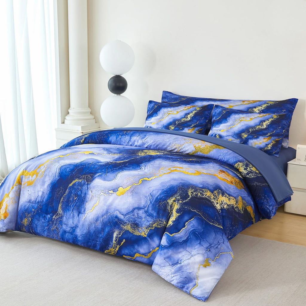 Blue Gold Bedding Set, 6 Pieces Fluffy Marble Bedding Comforter Sets for Women, All Season Soft Luxury Retro