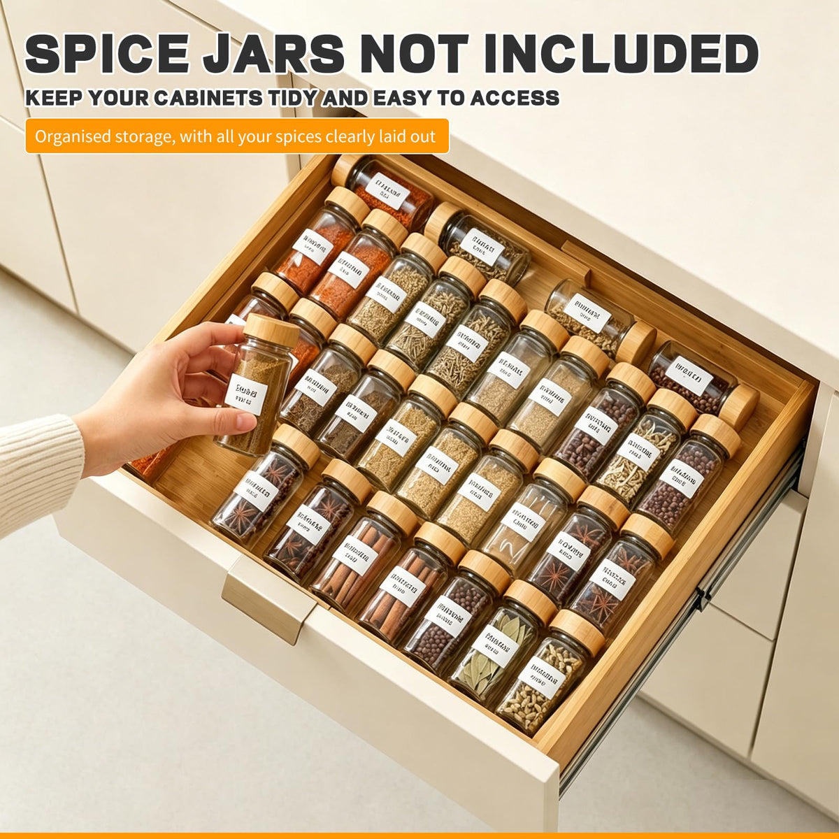 Bamboo Spice Drawer Organizer Expandable(Fits 2.6" Deep or Deeper Drawers), 4-Tier Spice Rack Drawer Insert