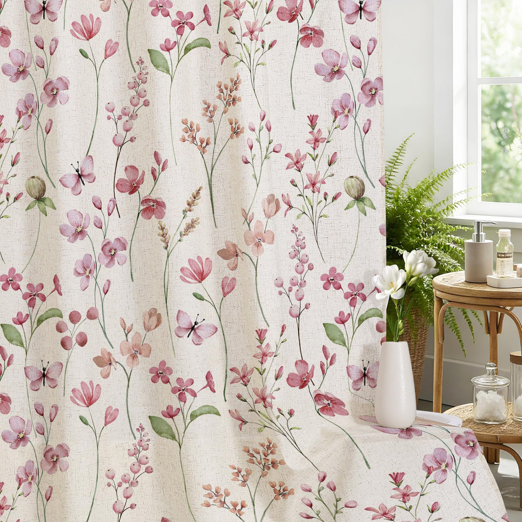 Linen Farmhouse Floral, Pink Butterfly Flower, Modern Minimalist White Waterproof Fabric Set, 72x72 Inch