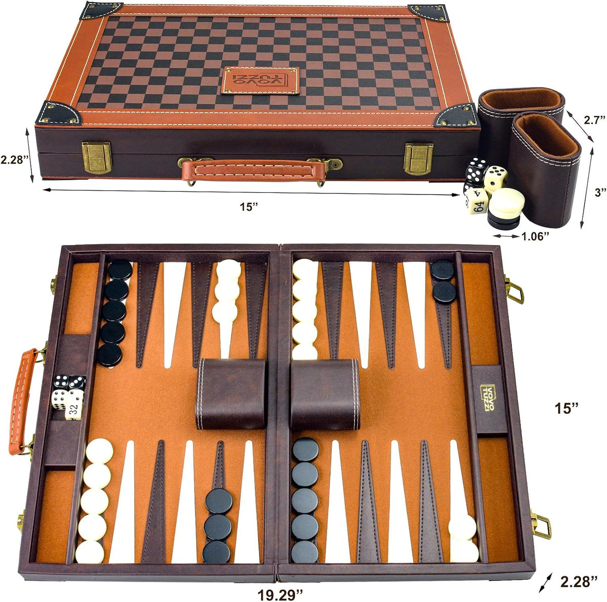Backgammon Sets for Adults, 15 Inch PU Leather Backgammon Set, Portable Travel Backgammon Board Game, Classic - Set of 15