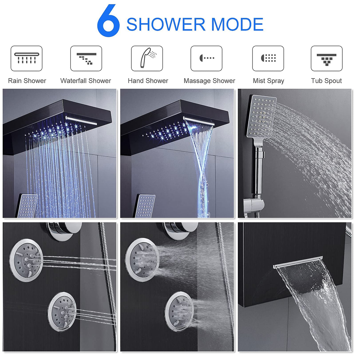 5-in-1 LED Shower Panel Tower System Stainless Steel Black