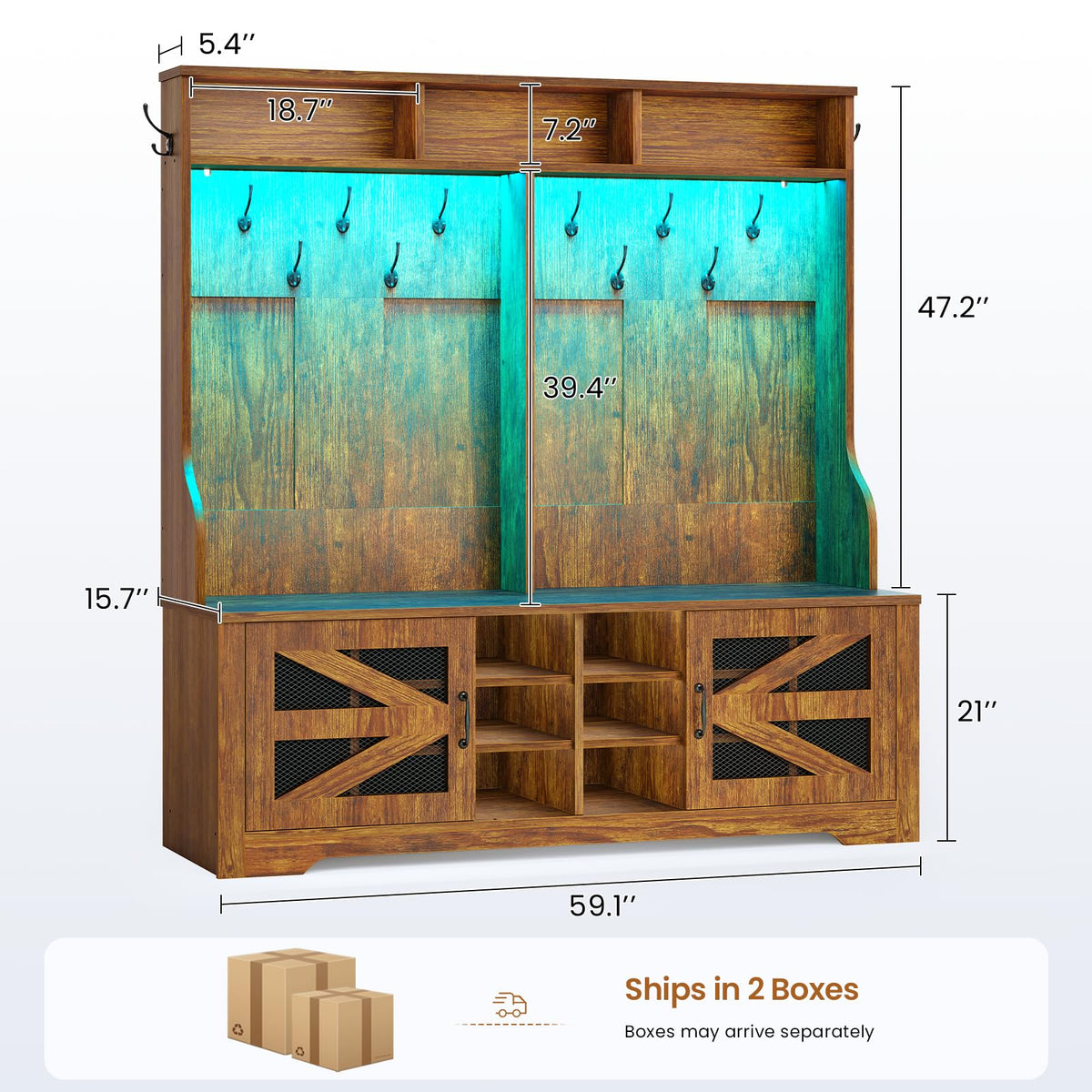 Hall Tree with Bench and Shoe Storage, 5-in-1 Entryway Bench with Coat Rack, 16 Shoe Cubbies & 12 Coat Hooks, Barn