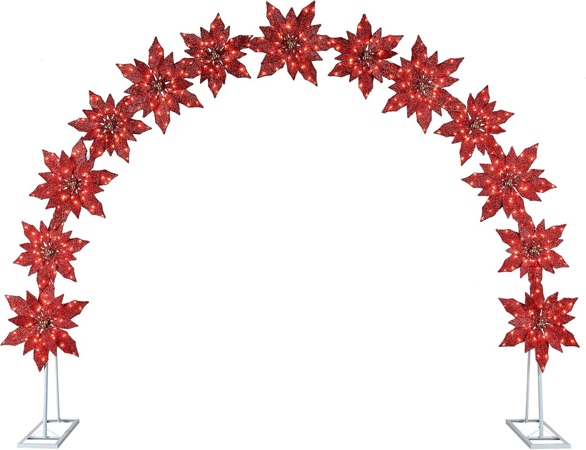 8.5 ft. Illuminated Poinsettia Arch with Warm White LED Lights, Outdoor Christmas Archway Decoration, Holiday Display