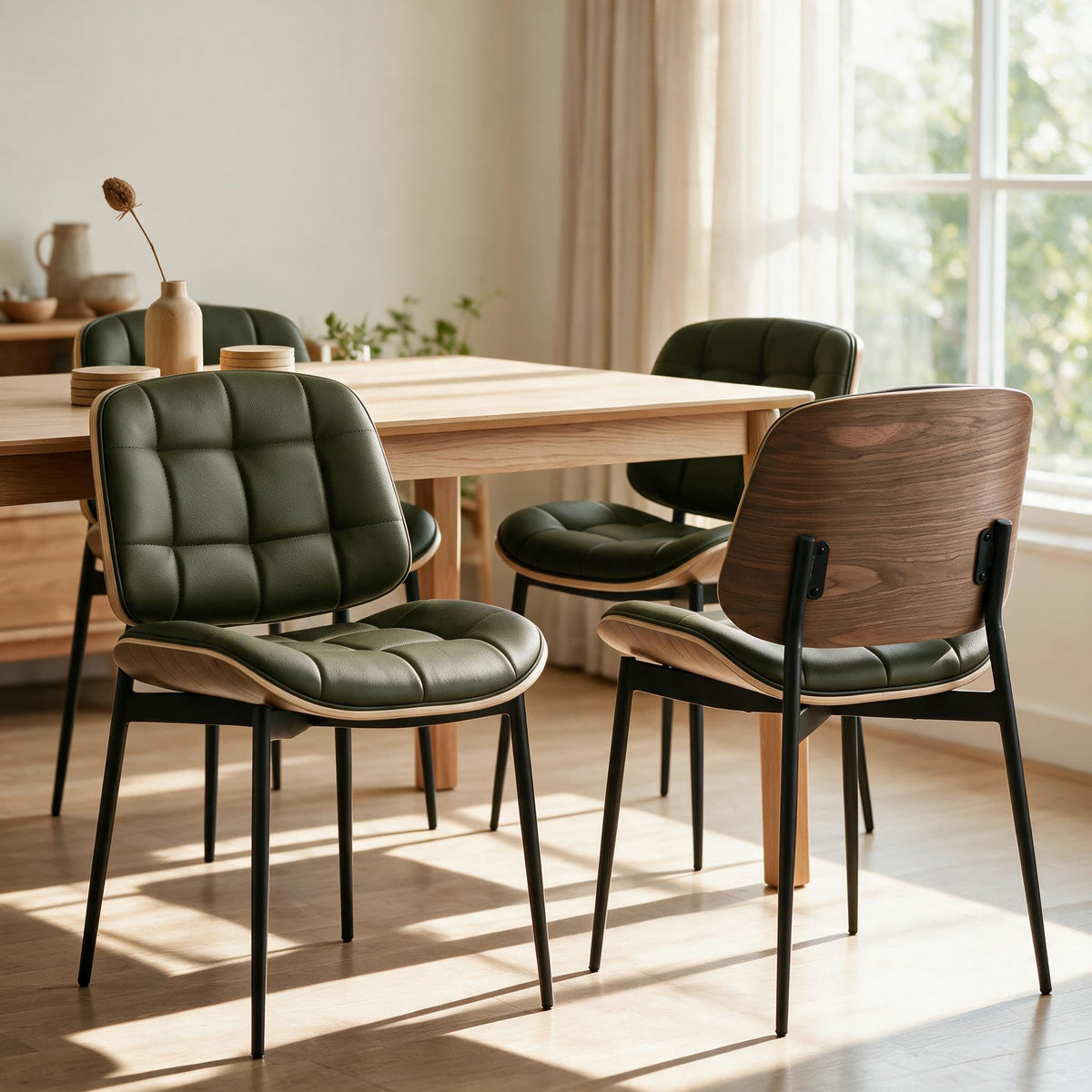Mid Century Modern Dining Chairs with Walnut Grain Back, Green Faux Leather Dining Room Chairs Set of 4, Checkered