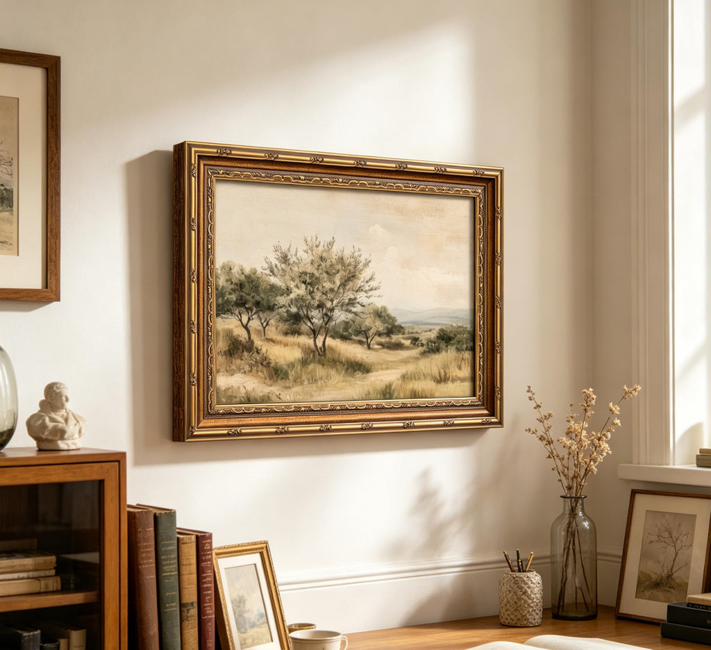 Vintage Gold Framed Olive Tree Landscape Wall Art - Retro Country Farmhouse Canvas Prints, Rustic Nature Scene