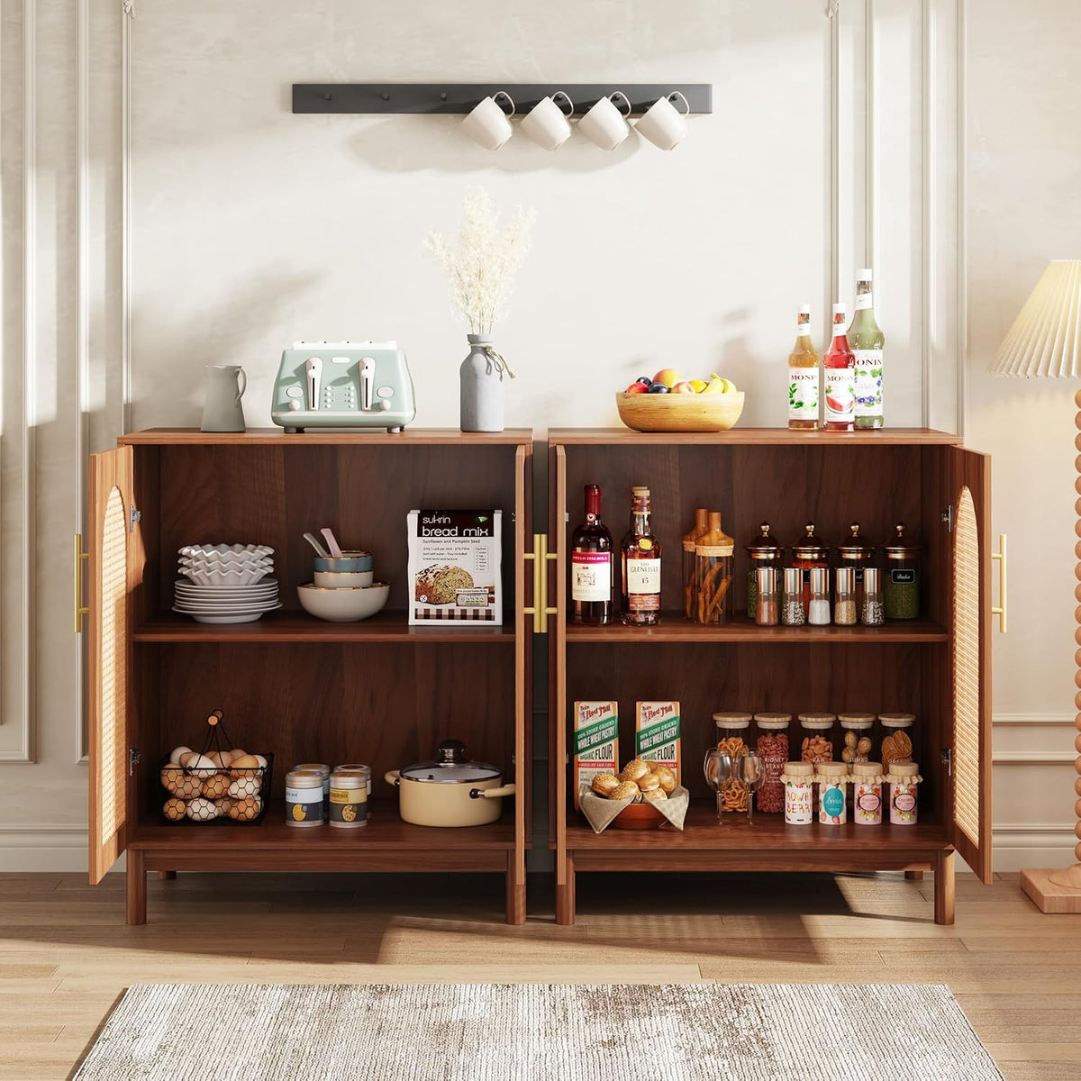 Set of 2 Rattan Sideboard Buffet with Storage, 59 Inch Accent Cabinet with Doors, Storage Cabinet , Caramel Brown