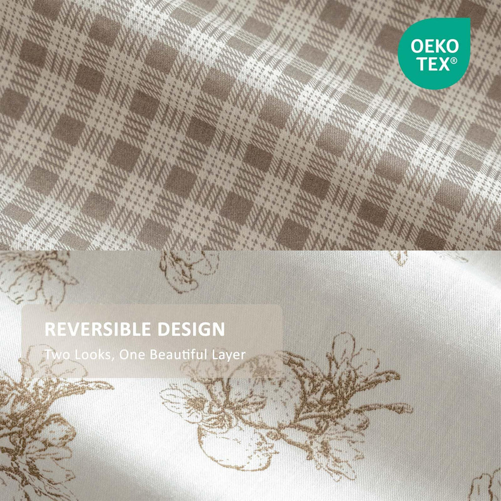 Farmhouse 100% Cotton Duvet Cover Set 3Pcs - Vintage Pomegranate Botanical Prints & Rustic Plaid Reverse