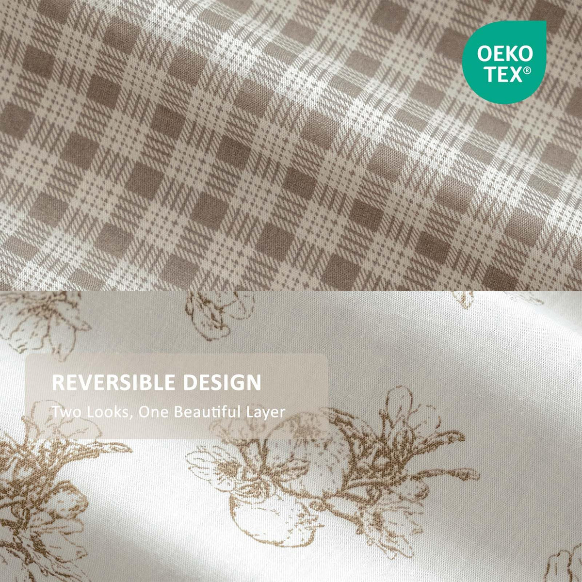 Farmhouse 100% Cotton Duvet Cover Set 3Pcs - Vintage Pomegranate Botanical Prints & Rustic Plaid Reverse