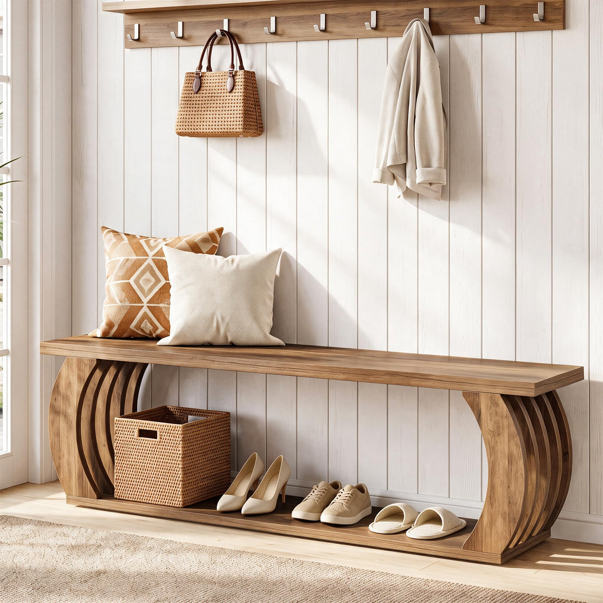 63" Entryway Bench with Storage, 2-Tier Farmhouse Wooden Bench