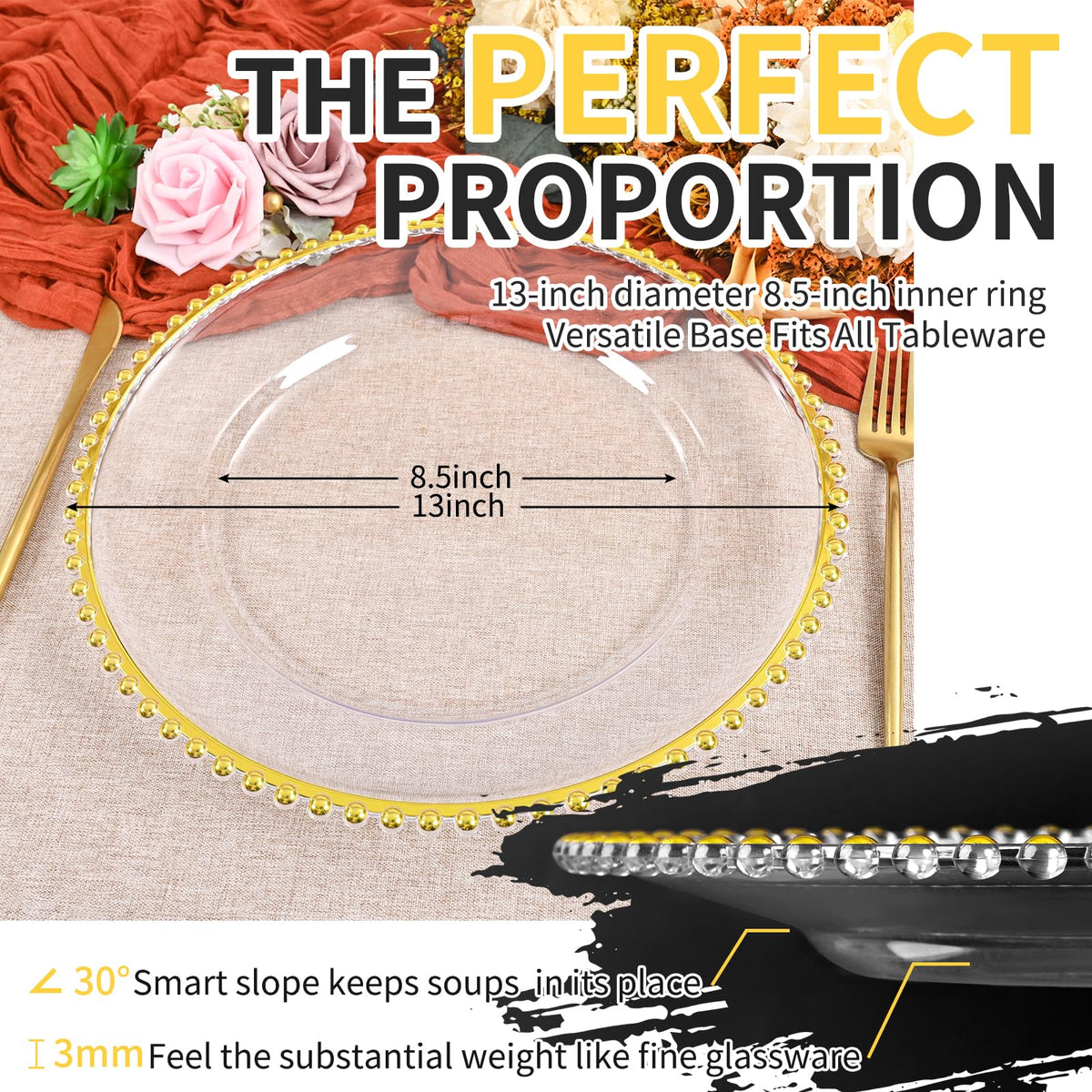 24 Pack Clear Charger Plates With Gold Beaded Rim - 13 Inch Plate Chargers for Dinner, Acrylic Decorative Plates