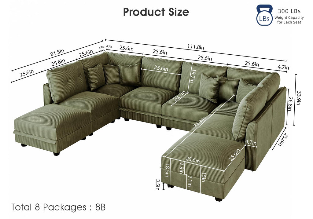 Sectional Sofa Modular Cloud Couch with 7 Storage Seats & 5 Throw Pillows, Corduroy U Shaped Couches, Rearrangable