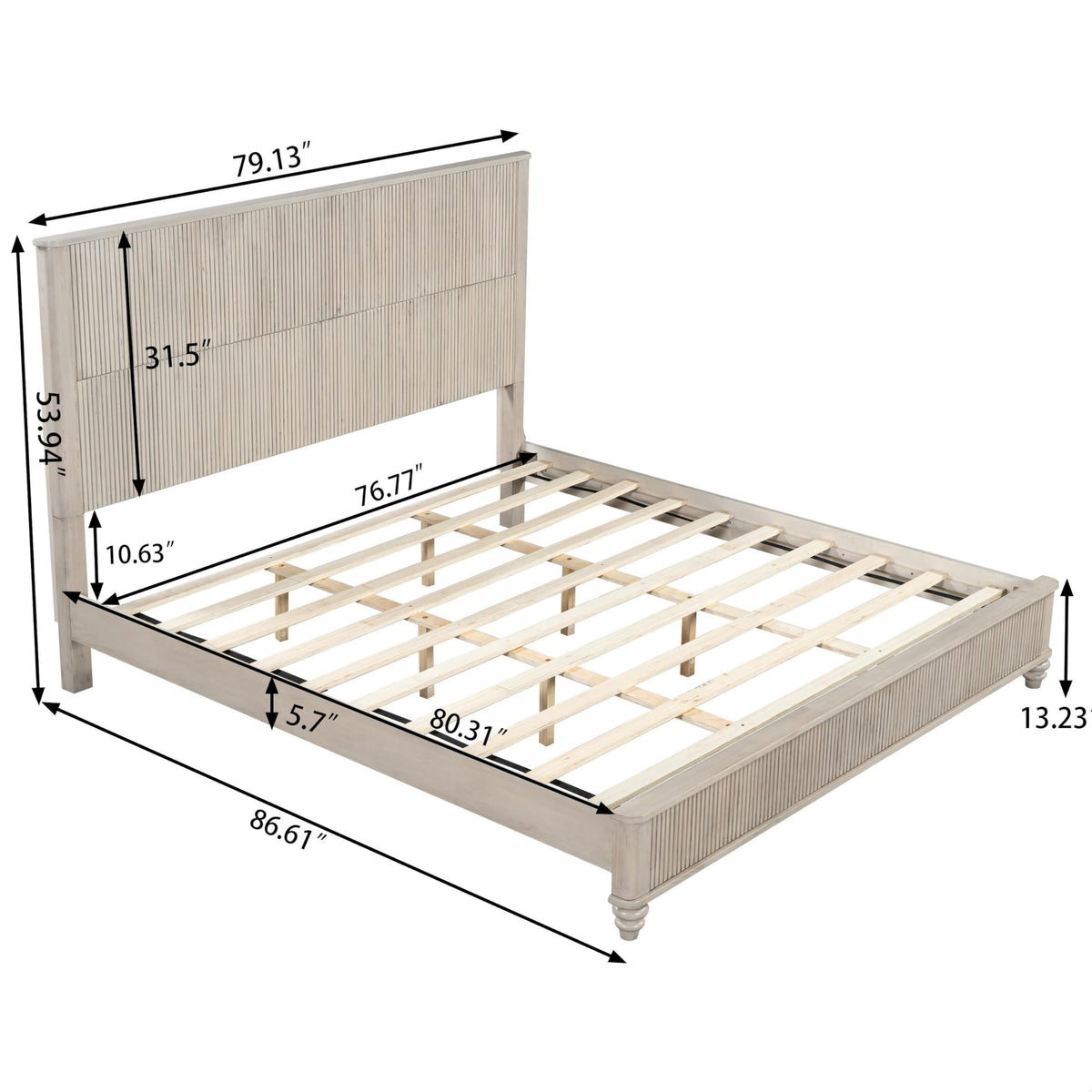 53.94" Tall Headboard Solid Wood Bed Frame, Low Profile Farmhouse Platform Bed with Wooden Slats, No Box Spring