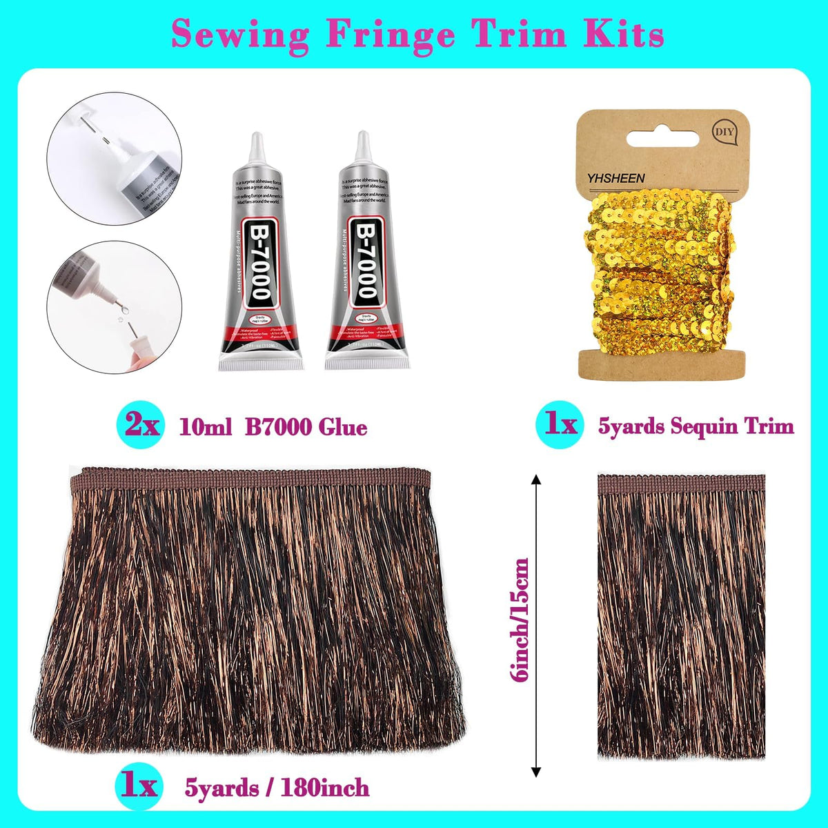 Brown Tinsel Fringe Trim, 5Yards X 5.9 Inch Metallic Fringe Trim with B7000 Glue for Karma Jacket Costume Crafts