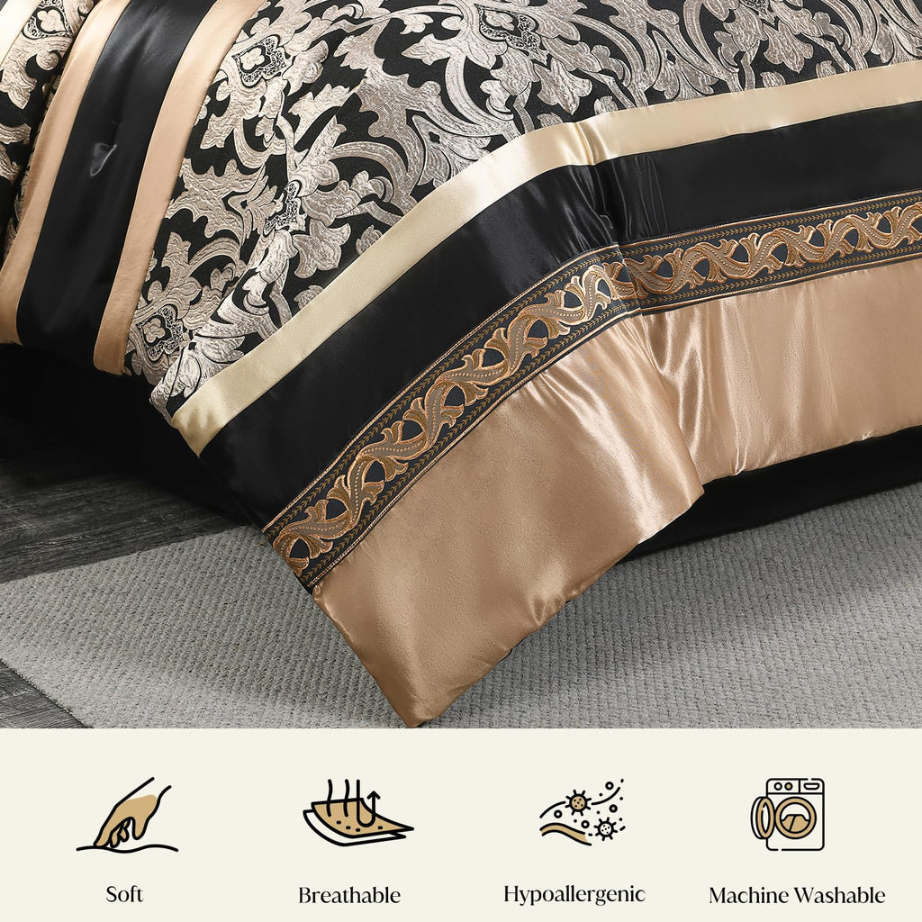 Black Gold Jacquard Comforter Set, 7PCS Bed in a Bag