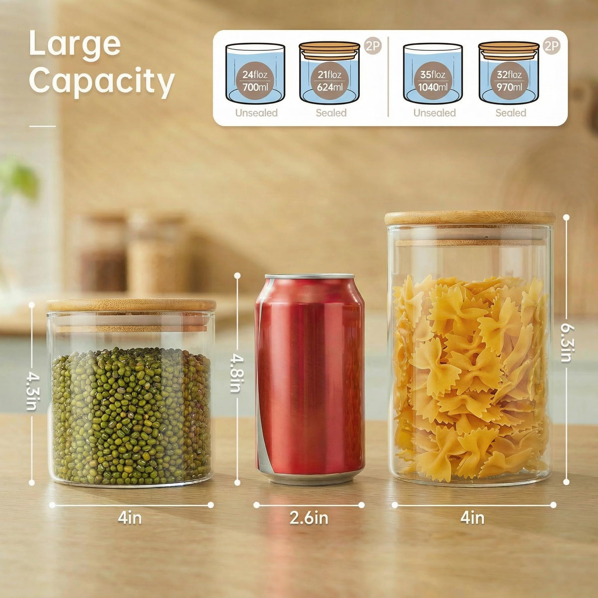 32 oz & 21 oz Round Glass Food Storage Containers with Bamboo Lids, 4 Pack