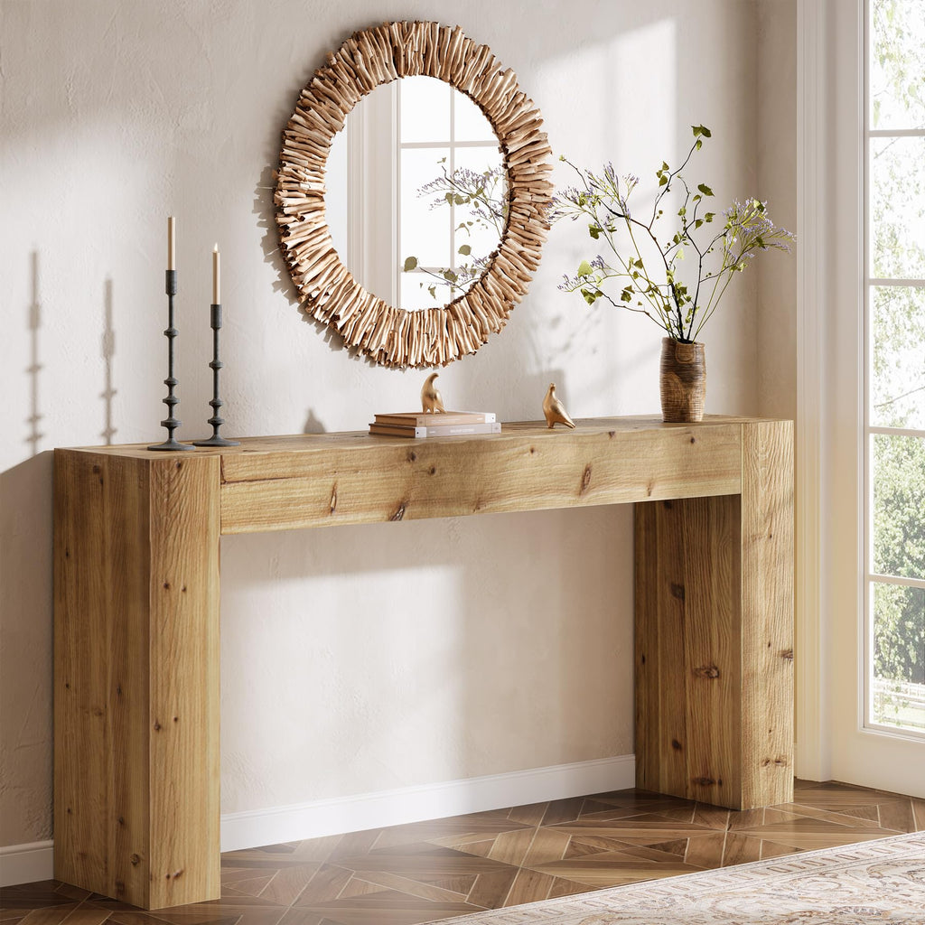 Solid Wood Console Table, 63-Inch Farmhouse Sofa Table Behind Couch, Foyer, Easy Assembly (Light Wood)