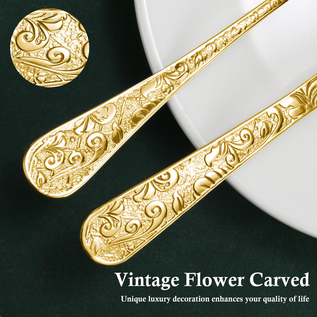 40-Piece Vintage Carved Gold Silverware Set for 8, Stainless Steel Flatware Set with Knife/Fork/Spoon, Cutlery Set