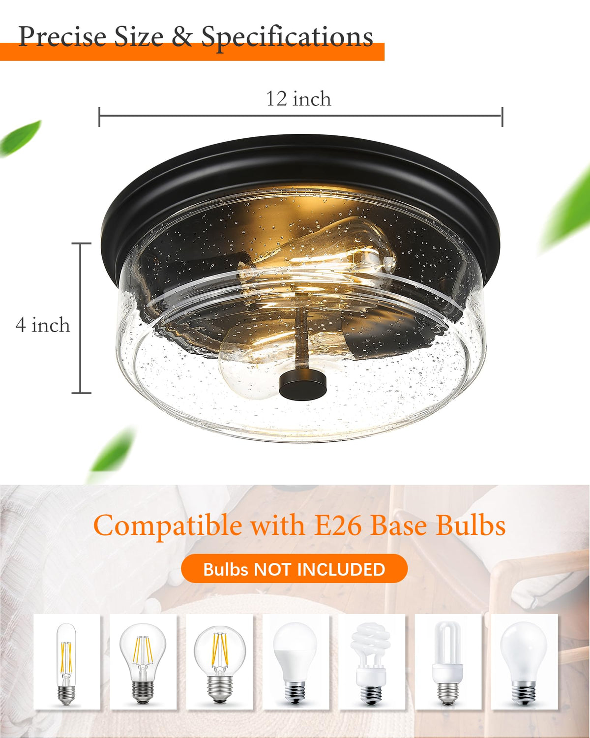 Black Flush Mount Ceiling Light, 12 Inch 2-Light Industrial Farmhouse Light Fixture with Seeded Glass Shade