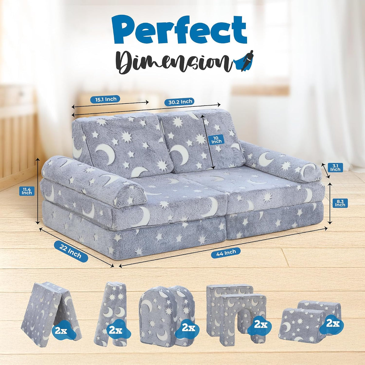 Seater Modular Kids Play Couch - 10pc Glow in the Dark Creative Kids Couch for Playroom, Living Room, and Bedroom