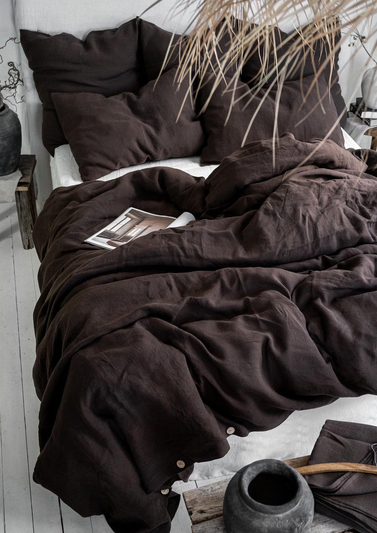 Bedding Set in Chocolate - Duvet Cover & 2 Pillowcases Set in Size with Button Handmade