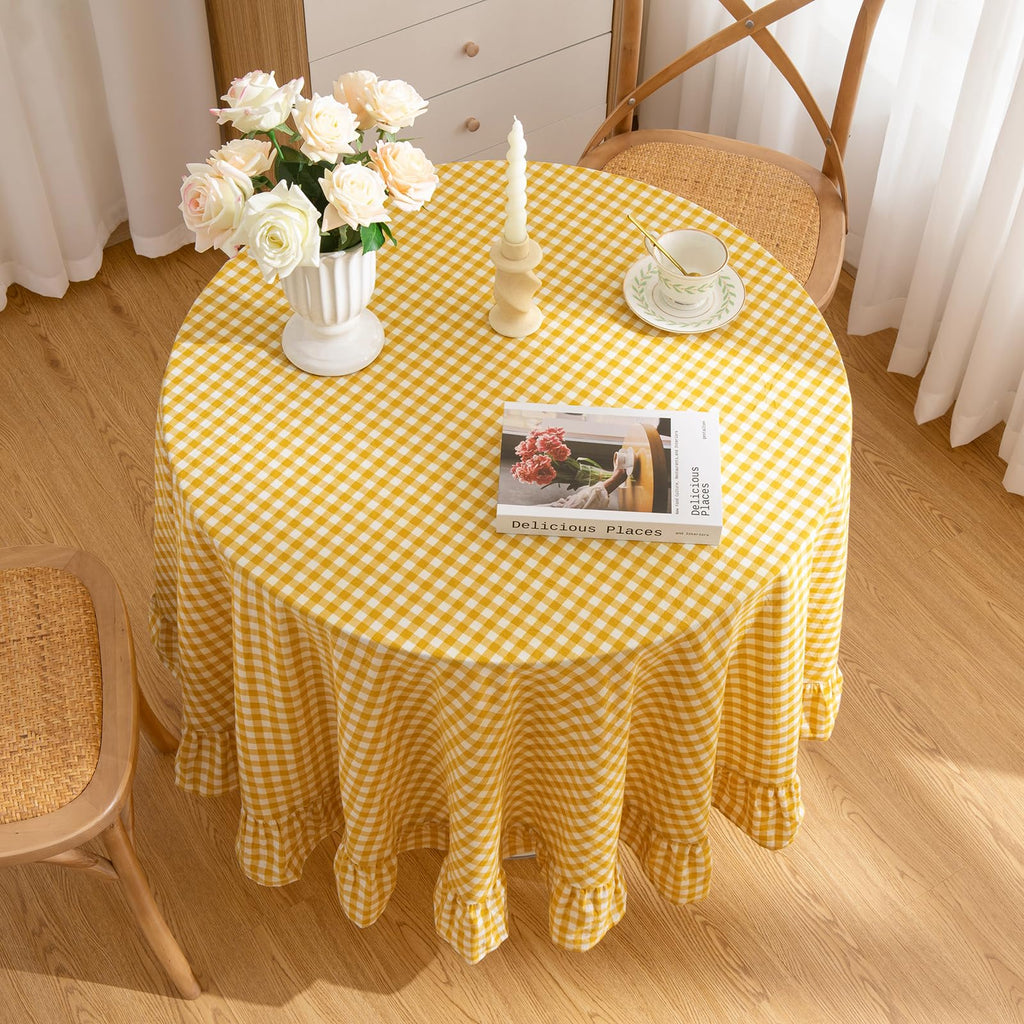 Yellow Round Gingham Tablecloth 70 Inch, Cotton Plaid Tablecloth