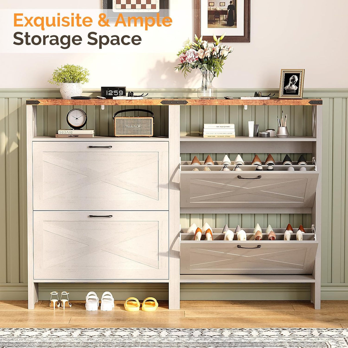 Farmhouse Shoe Cabinet with 2 Flip Drawers, Slim Entryway Shoe Storage Organizer with Open Shelf, Freestanding Wood