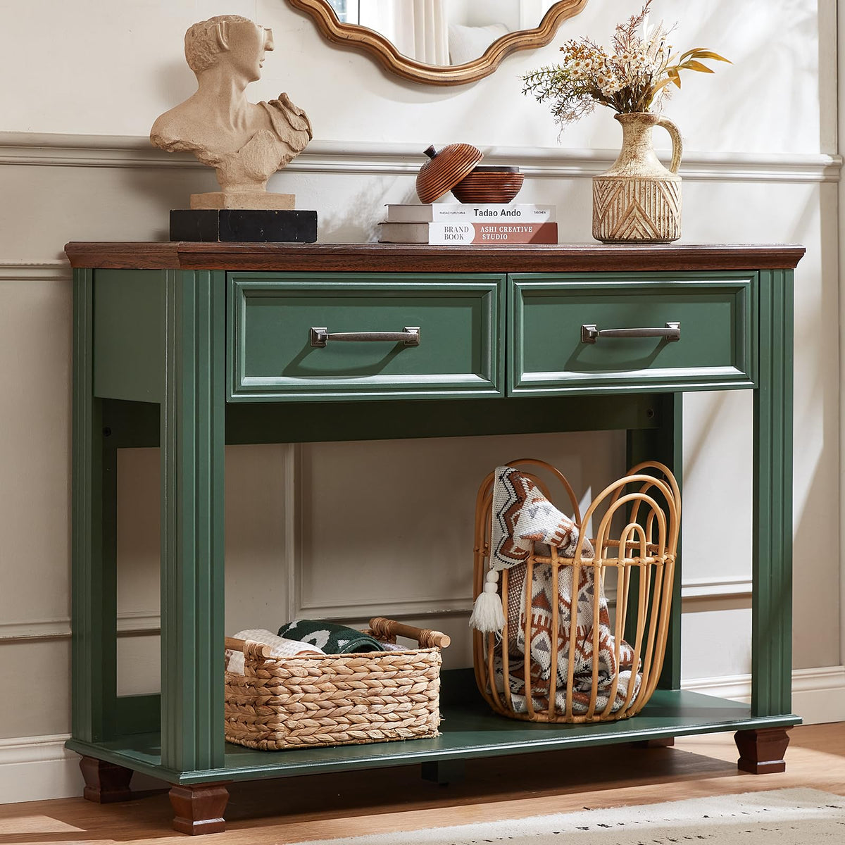 46" Farmhouse Console Table with Drawers, Green Entryway Table