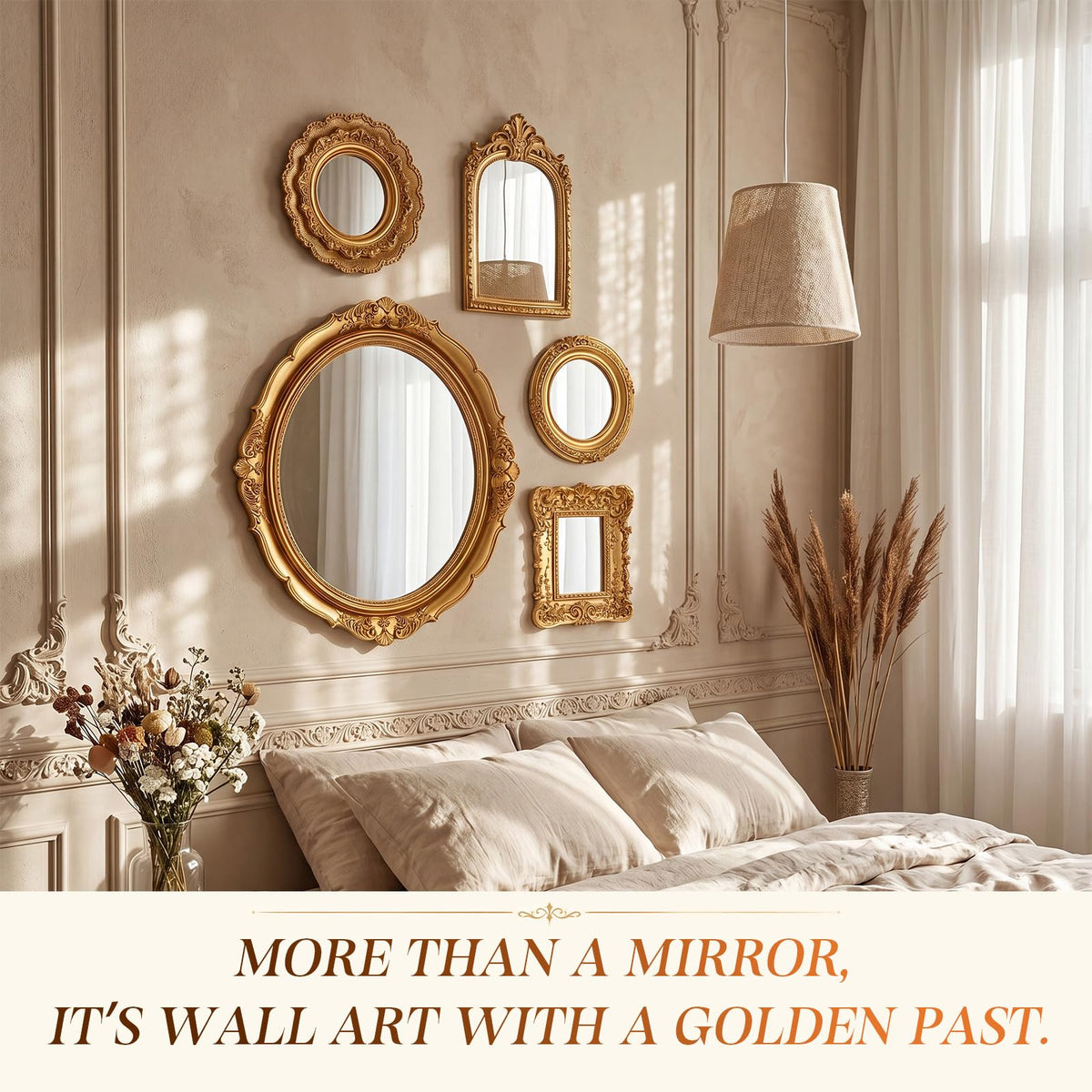 5 Pcs Vintage Gold Wall Mirror Set, 15in/7in/6in/4in, Vintage Style