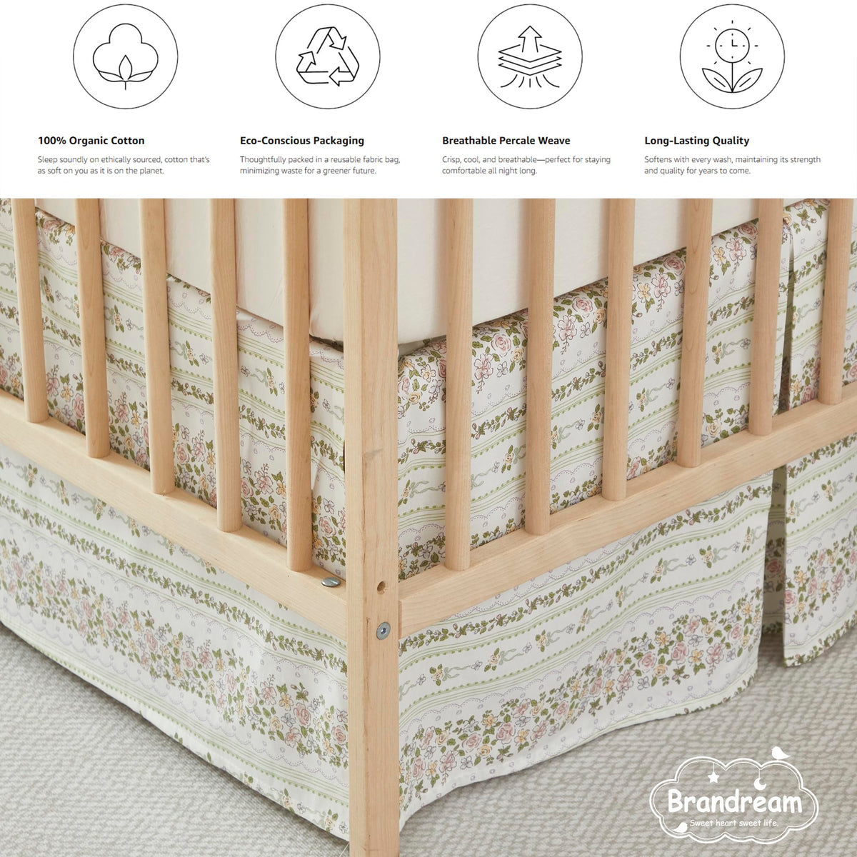 Floral Stripe Cotton Crib Bed Skirt Pleated Dust Ruffle for Baby Girls Boys Toddler Bedskirt Nursery Standard Crib