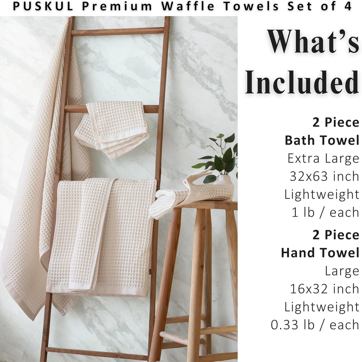 Natural 100% Turkish Cotton Waffle Towels Set (4-Piece) | Raw-Undyed, Large Size 2 Hand & 2 Bath Towel Quick-Dry Soft