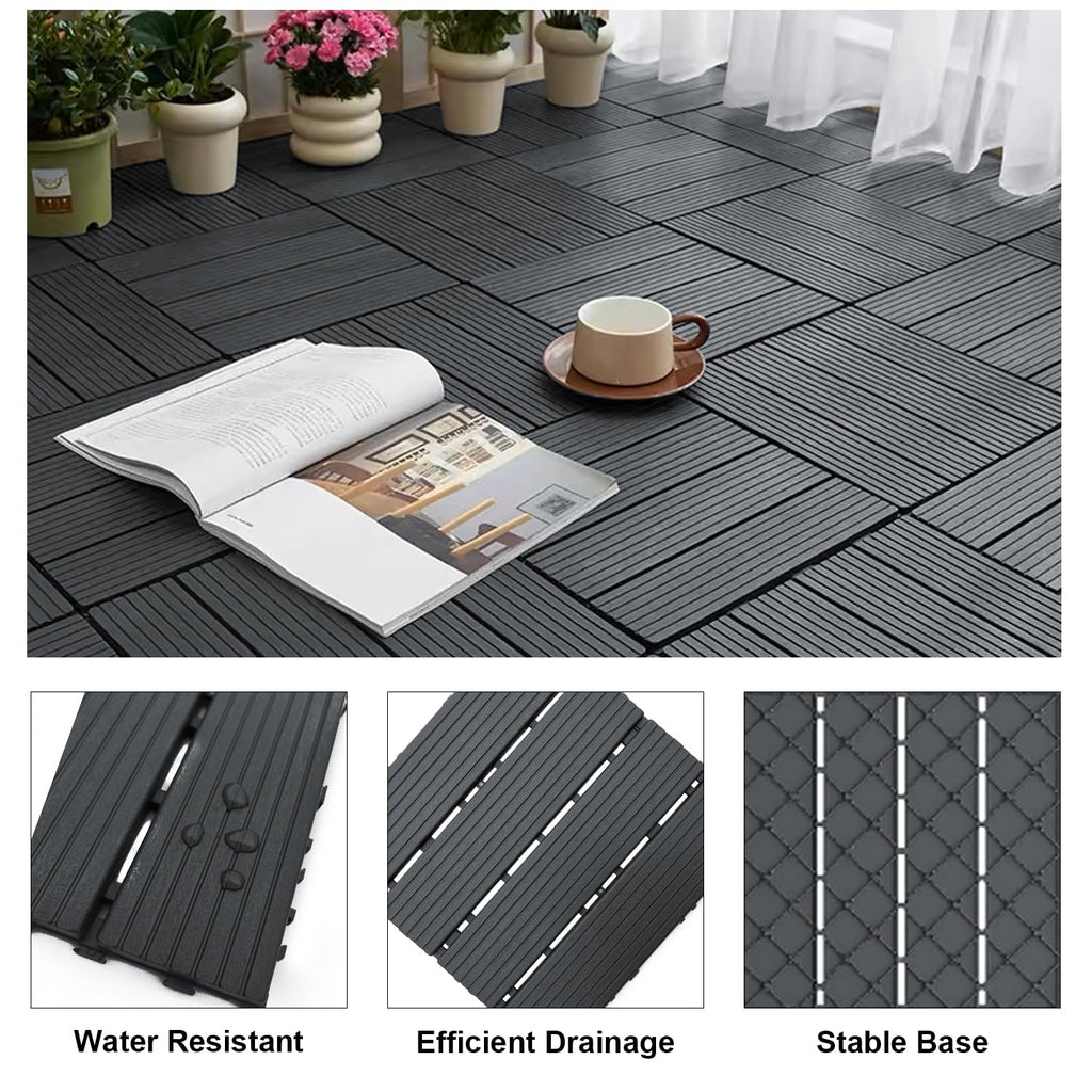 12 PCS Plastic Interlocking Patio Deck Tiles - 12" x 12" Waterproof Indoor Outdoor Flooring, Patio Floor Decking for Balcony, Backyard, Garden & Poolside, All Weather Use, Dark Grey