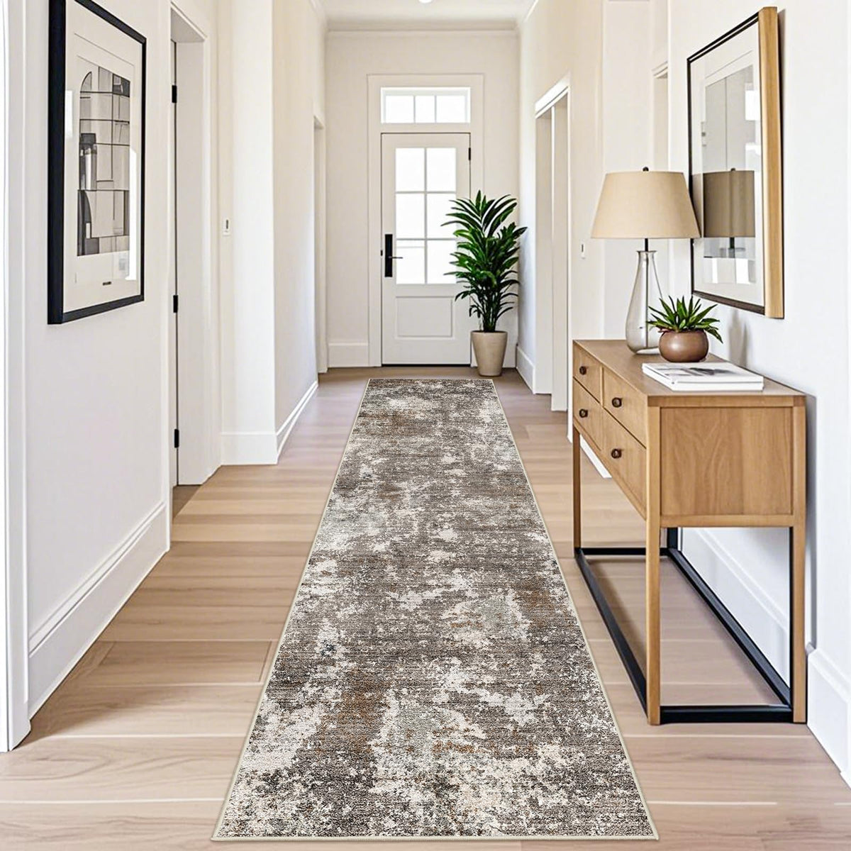 3x12 ft Long Hallway Runner Rug - Non-Slip Washable Carpet Runners Entryway Bathroom Modern Abstract Neutral Low-Pile