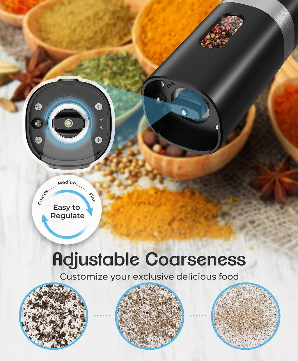 Electric Salt and Pepper Grinder Set, Charging Base, Adjustable Coarseness - Set of 2