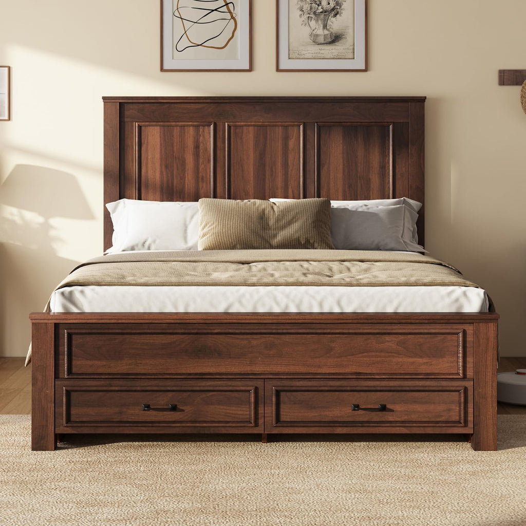 52.2" Farmhouse Bed Frame with Headboard, Rustic Brown