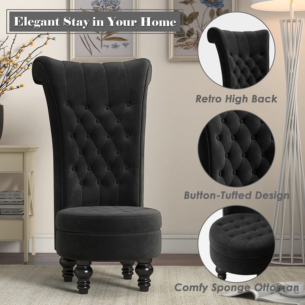 MU High Back Throne Royal Velvet Accent Armless Chair Set of 2, Black
